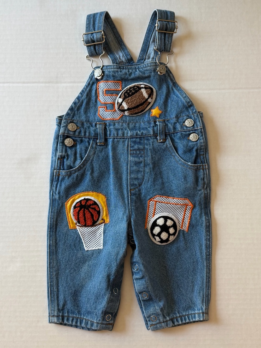 Vintage Baby Denim Sports Patch Overalls 3-6M Football Soccer